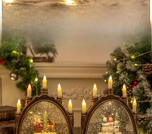 Lighted Christmas arch lanterns with Santa and snowman scenes for festive table decor