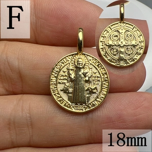 Golden 18mm Saint Benedict religious medal pendant with detailed double-sided embossing