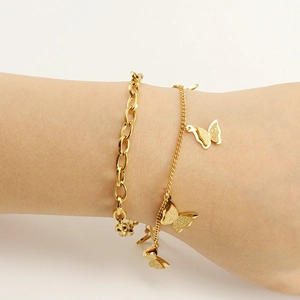 18K gold plated stainless steel double-layer butterfly bracelet on woman wrist