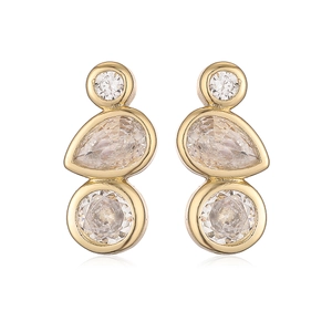 Elegant gold-plated vertical earrings with three-stone zircon drops and polished finish