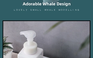 Detail of whale-shaped liquid dispenser bottle with frosted pump head and square design