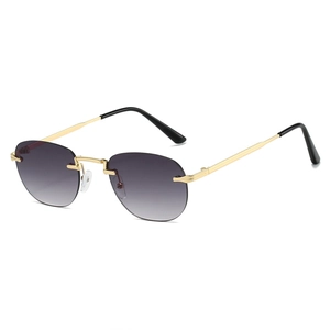 Fashion rimless oval sunglasses with gold metal temples and gradient grey-purple lenses