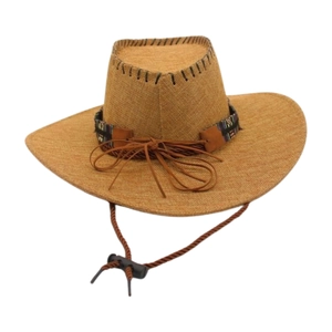 Detail of western straw cowboy hat featuring ethnic pattern band and adjustable chin cord