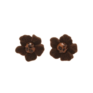 Retro fabric flower earrings with leopard print resin center and silver needles
