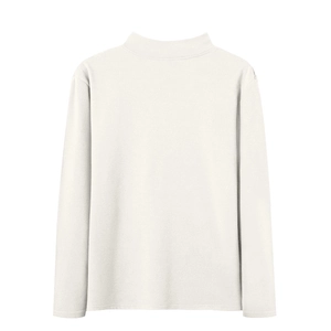 Detailed close-up of cream-colored long-sleeve tee with high neck collar and soft texture