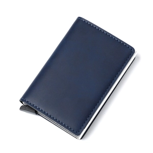 Slim navy blue leather RFID blocking wallet with aluminum card pop-up slider mechanism