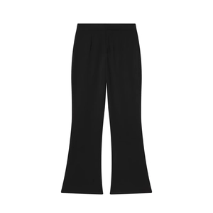 Detailed view of high-waist black flare trousers with elegant drape and slim fit cut