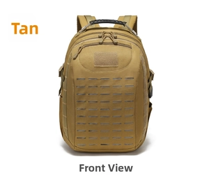 Front view of Tan tactical backpack with laser-cut MOLLE system and velcro patch area