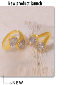 Detailed view of pear-shaped cubic zirconia on 18k gold-plated titanium rings