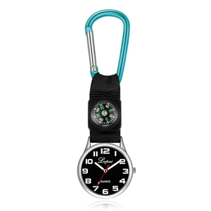 Silver clip-on nurse watch with black dial, compass and blue carabiner for outdoor use