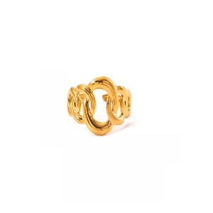Polished 18k gold plated titanium steel ring featuring a braided chain link design