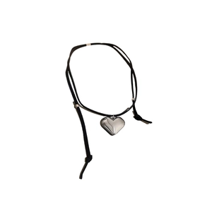 Hip hop black leather adjustable heart pendant necklace with polished silver heart