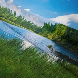 Close-up of woven forest tapestry fabric with vibrant landscape print and textured finish