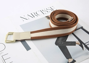 Detail of striped canvas belt with double D-ring buckle and premium leather ends