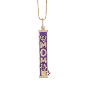 Close-up of gold 18K plated MOM rectangular pendant with purple enamel and zircon inlay