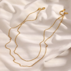 Detail of 18K gold-plated double-layer O-chain necklace on elegant white silk background