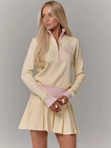 Set da donna in maglia 2 pezzi con maglione a mezza zip e gonna a pieghe beige e rosa