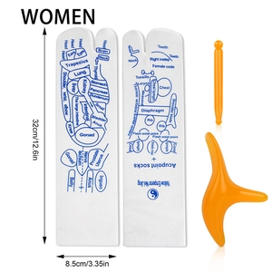 Detailed view of women's acupoint socks with massage tools and size markings