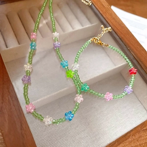 Summer style crystal flower necklace and bracelet set with green beads and colorful charms