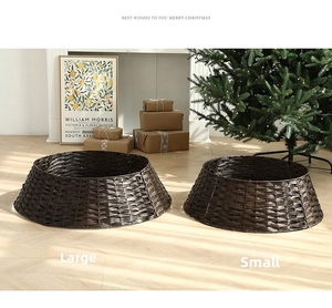 Comparison of large and small hand-woven brown Christmas tree collar baskets