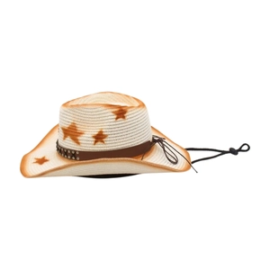 Detail of western straw hat with orange star prints, metal studs and adjustable chin strap