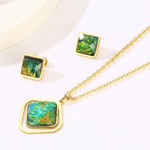 Detail of gold titanium steel set with square blue resin pendants and stud earrings