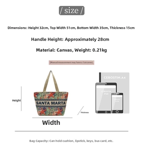 Size chart for large canvas tote bag showing dimensions and item capacity comparison