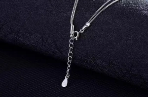 Macro shot of S925 sterling silver lobster clasp and hallmark tag on a silver necklace