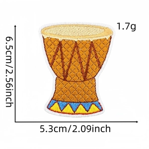 Embroidered African djembe drum patch with size measurements for clothing decoration