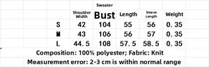Detailed size chart for layered knitted top showing S, M, L dimensions and weight details