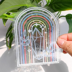 Rainbow suncatcher prism window cling with leaf and crystal design in natural light
