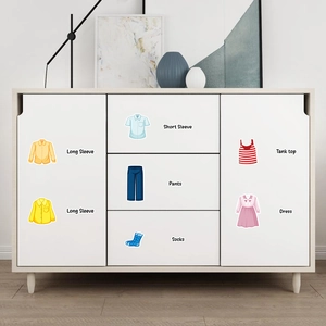 Kids clothing labels set for closet organization featuring icons for shirts and pants