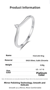 Macro detail of S925 sterling silver wavy ring with cubic zirconia and size chart