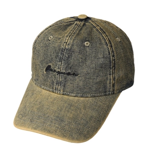 Vintage washed denim baseball cap with letter embroidery in yellow-brown and dark blue