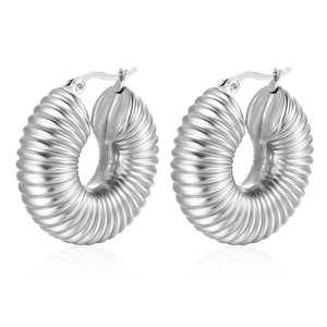 Silver hollow chunky hoop earrings with spiral thread texture for women in a retro style