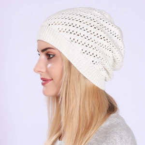 Breathable white knit beanie for men and women featuring a hollow-out pattern design