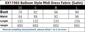 Size chart table for satin balloon midi dress including bust and length measurements