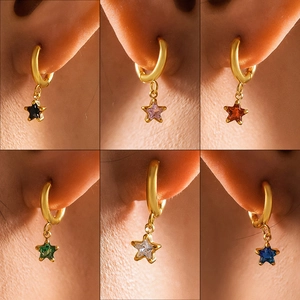 Gold star drop earrings with colorful crystals in six variant colors for women