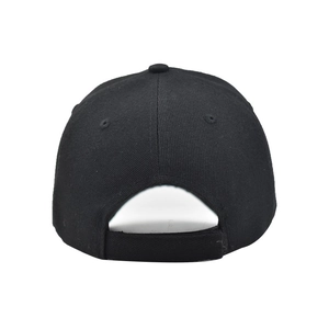 Rear view of a black baseball cap featuring an adjustable hook and loop strap and mesh holes
