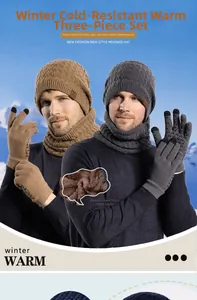 Winter set with knitted hat, neck gaiter and touchscreen gloves with warm fleece lining
