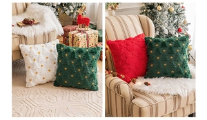 Detail of plush Christmas tree embroidery with gold star on festive cushion covers