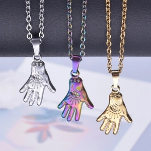 Hamsa Hand pendant necklaces in gold, silver, and rainbow stainless steel finishes
