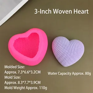 Detailed view of heart silicone mold with woven texture and physical dimensions