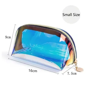 Small iridescent TPU makeup bag with gold zipper, measures 16x9x7.5cm, waterproof design