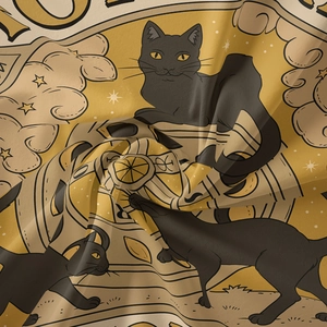 Detailed close-up of bohemian black cat tarot tapestry with golden wheel of fortune