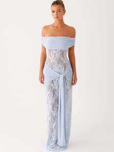 Sexy Off Shoulder Lace Maxi Dress Hollow Out Perspective Ribbon Waist Tie Elegant Floor Length Evening Party