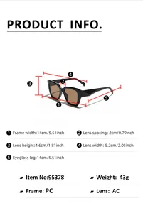 Detailed size chart for square sunglasses showing frame dimensions and technical specs