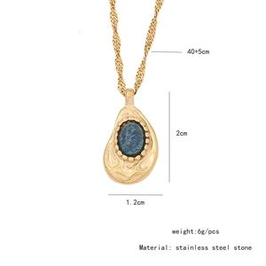 Detailed view of water drop blue stone pendant with 45cm adjustable stainless steel chain