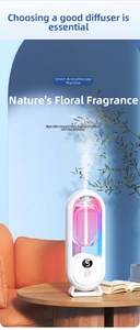 White smart aroma diffuser with digital display misting in a modern living room