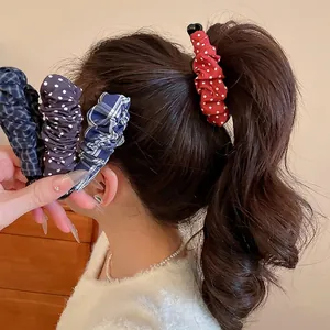 Pince À Cheveux Banane Élégante Recouverte De Tissu Plissé À Pois Motif Écossais Accessoire Cheveux Pour Femmes